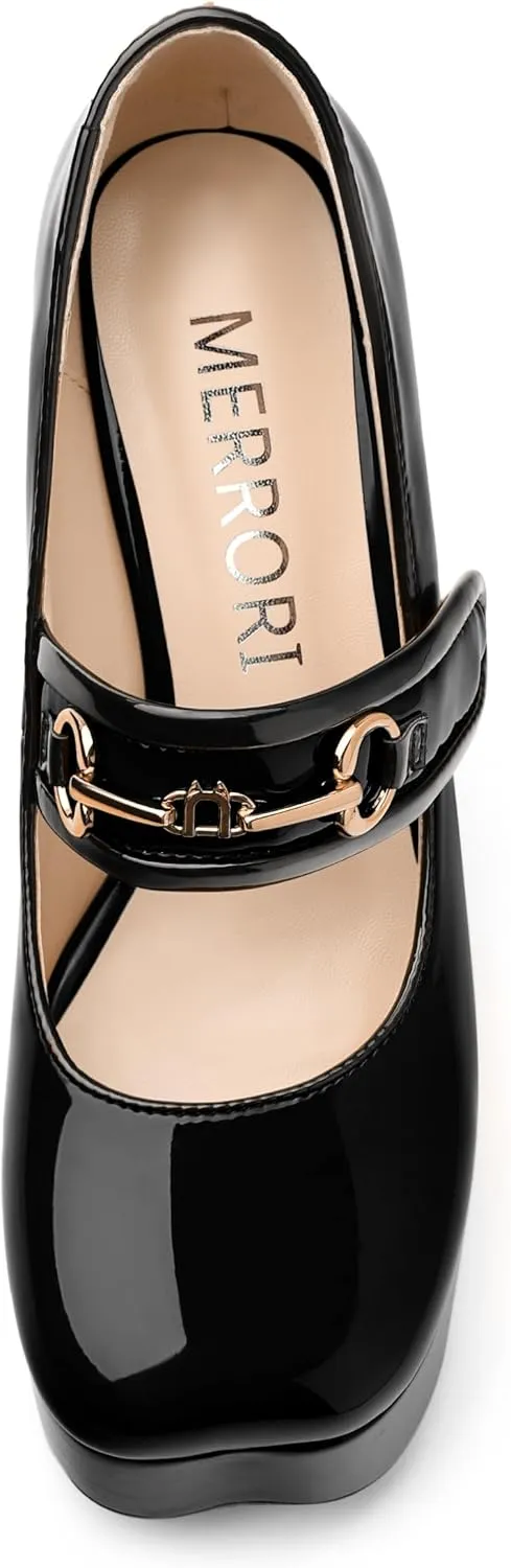 MERRORI Mary Jane Shoes for Women High Chunky Platform Square Toe Heels Patent Leather Fashion Single Strap Dress Wedding Party Pumps Shoes