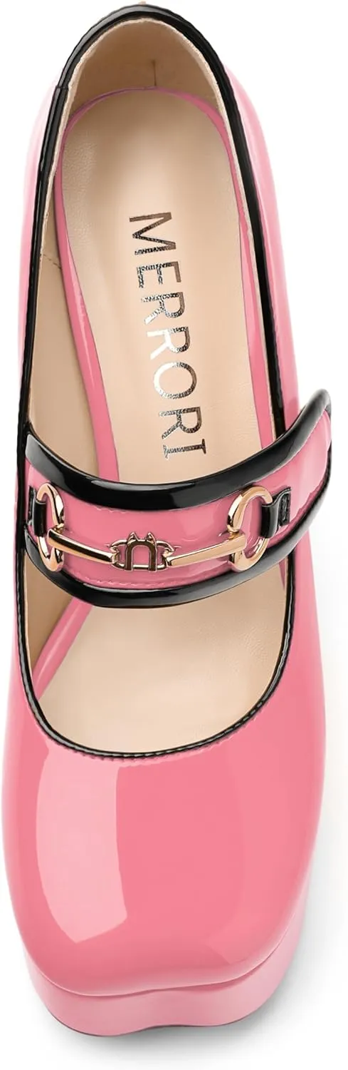 MERRORI Mary Jane Shoes for Women High Chunky Platform Square Toe Heels Patent Leather Fashion Single Strap Dress Wedding Party Pumps Shoes