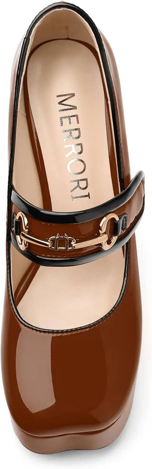 MERRORI Mary Jane Shoes for Women High Chunky Platform Square Toe Heels Patent Leather Fashion Single Strap Dress Wedding Party Pumps Shoes
