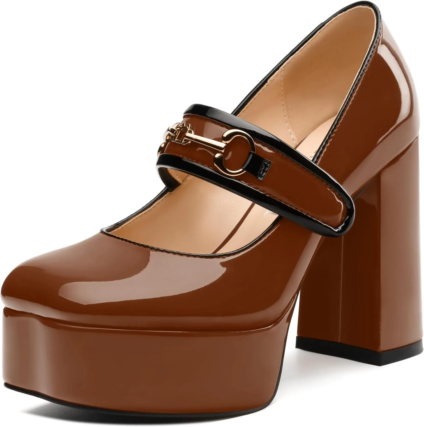 MERRORI Mary Jane Shoes for Women High Chunky Platform Square Toe Heels Patent Leather Fashion Single Strap Dress Wedding Party Pumps Shoes