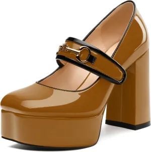 MERRORI Mary Jane Shoes for Women High Chunky Platform Square Toe Heels Patent Leather Fashion Single Strap Dress Wedding Party Pumps Shoes