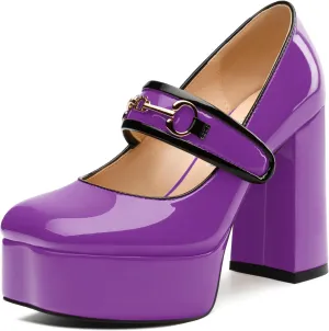 MERRORI Mary Jane Shoes for Women High Chunky Platform Square Toe Heels Patent Leather Fashion Single Strap Dress Wedding Party Pumps Shoes