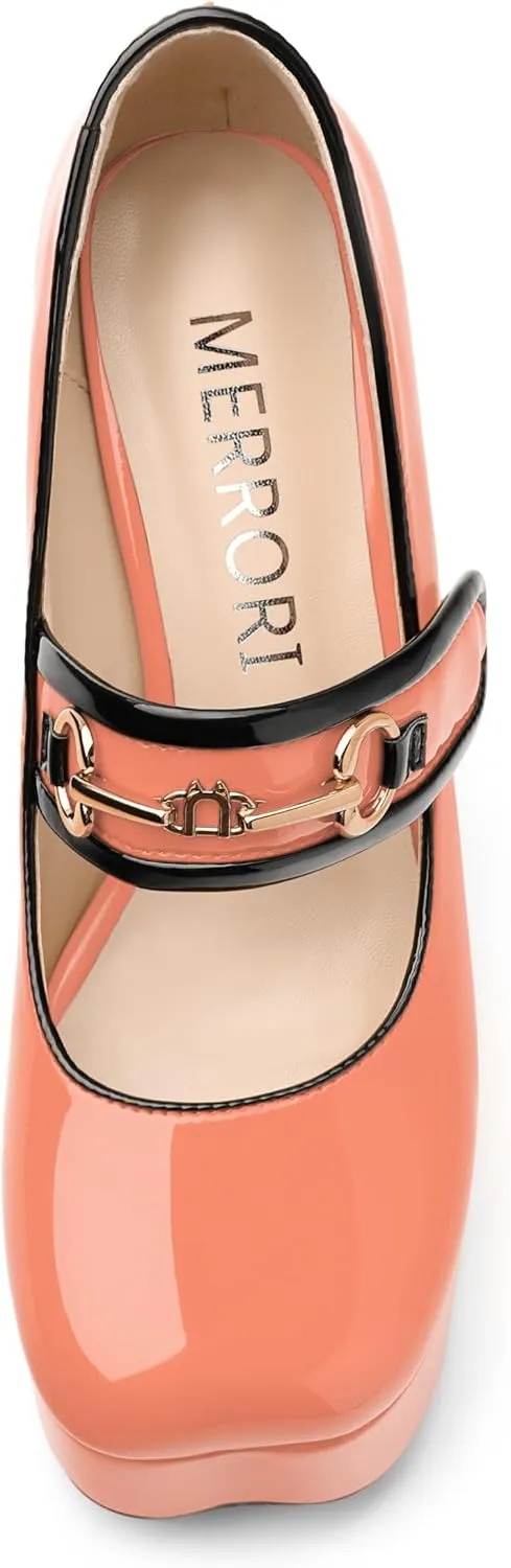 MERRORI Mary Jane Shoes for Women High Chunky Platform Square Toe Heels Patent Leather Fashion Single Strap Dress Wedding Party Pumps Shoes