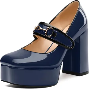 MERRORI Mary Jane Shoes for Women High Chunky Platform Square Toe Heels Patent Leather Fashion Single Strap Dress Wedding Party Pumps Shoes
