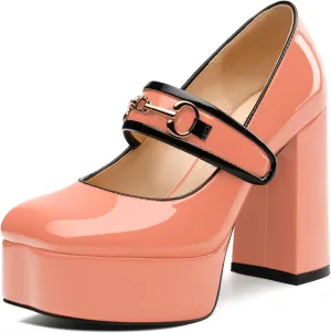 MERRORI Mary Jane Shoes for Women High Chunky Platform Square Toe Heels Patent Leather Fashion Single Strap Dress Wedding Party Pumps Shoes