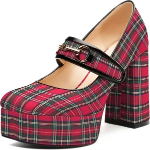 MERRORI Red Plaid Mary Jane Shoes for Women High Chunky Platform Square Toe Heels Patent Leather Fashion Single Strap Dress Wedding Party Pumps Shoes Size 9