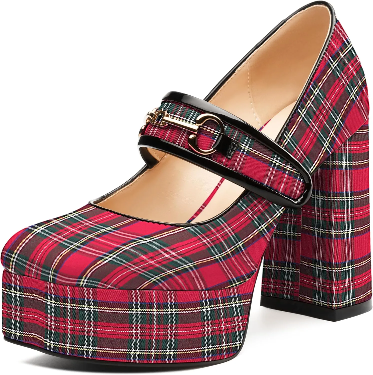 MERRORI Red Plaid Mary Jane Shoes for Women High Chunky Platform Square Toe Heels Patent Leather Fashion Single Strap Dress Wedding Party Pumps Shoes Size 9