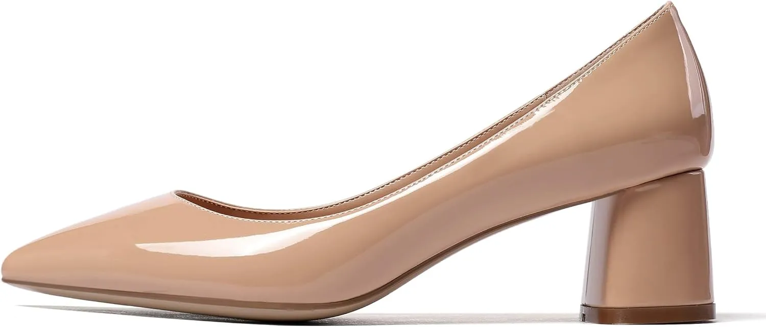 Mettesally Women's Mid Chunky Heel Pumps Classic Closed Pointed Toe Chic Shoes Slip on Comfortable Block Heel for Party Wedding Business Office Dress