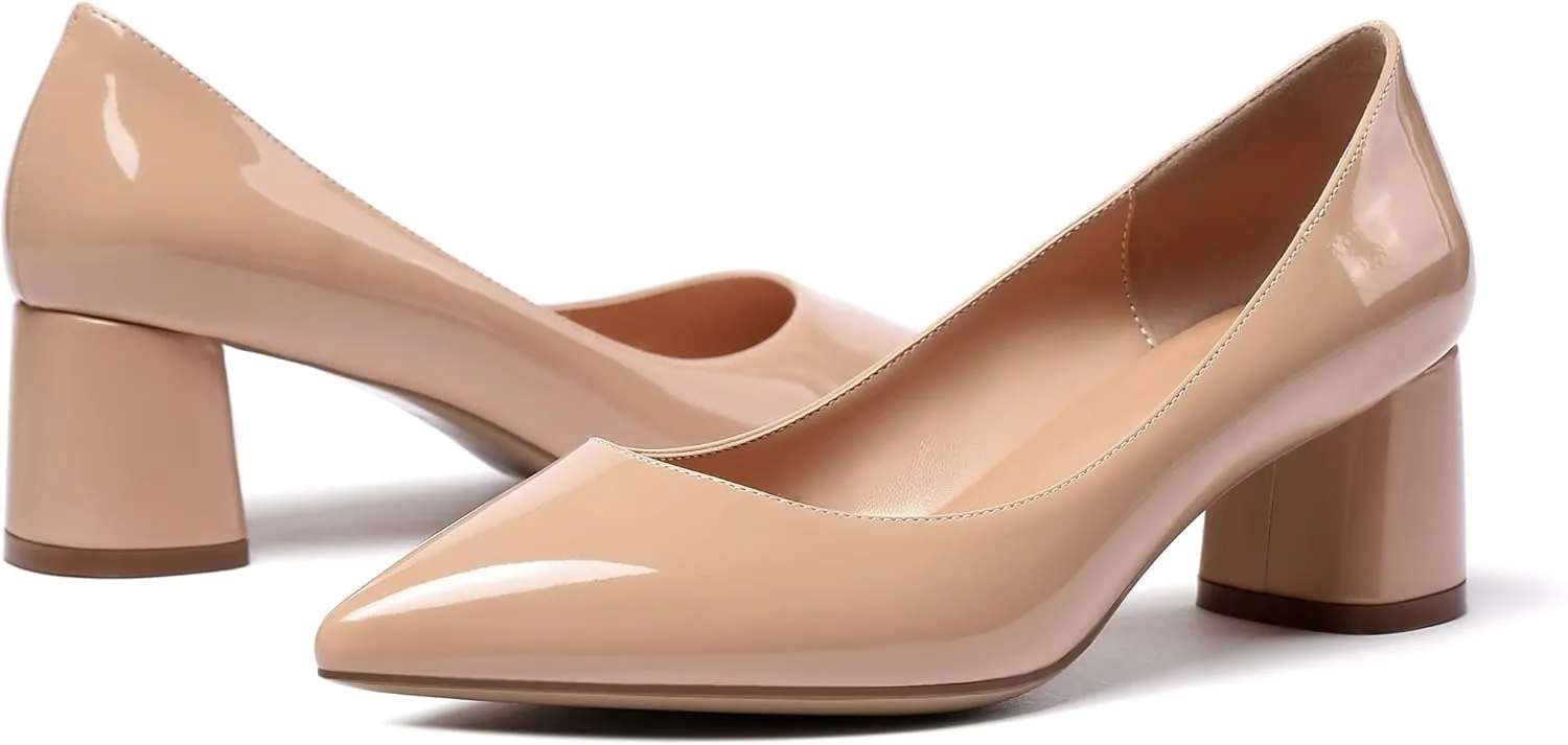 Mettesally Women's Mid Chunky Heel Pumps Classic Closed Pointed Toe Chic Shoes Slip on Comfortable Block Heel for Party Wedding Business Office Dress