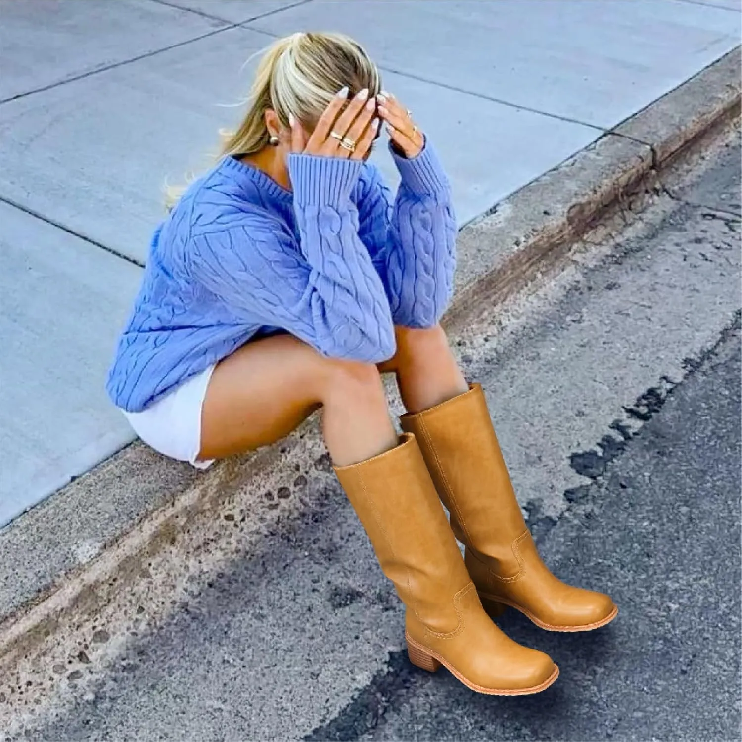 Mid Calf Boots for Women - Banana Square Toe Chunky Block Heel Calf High Boots, Comfortable Low Heel Pull On Spring Fall, Fashion Style for Dating, Dressy Everyday Chic