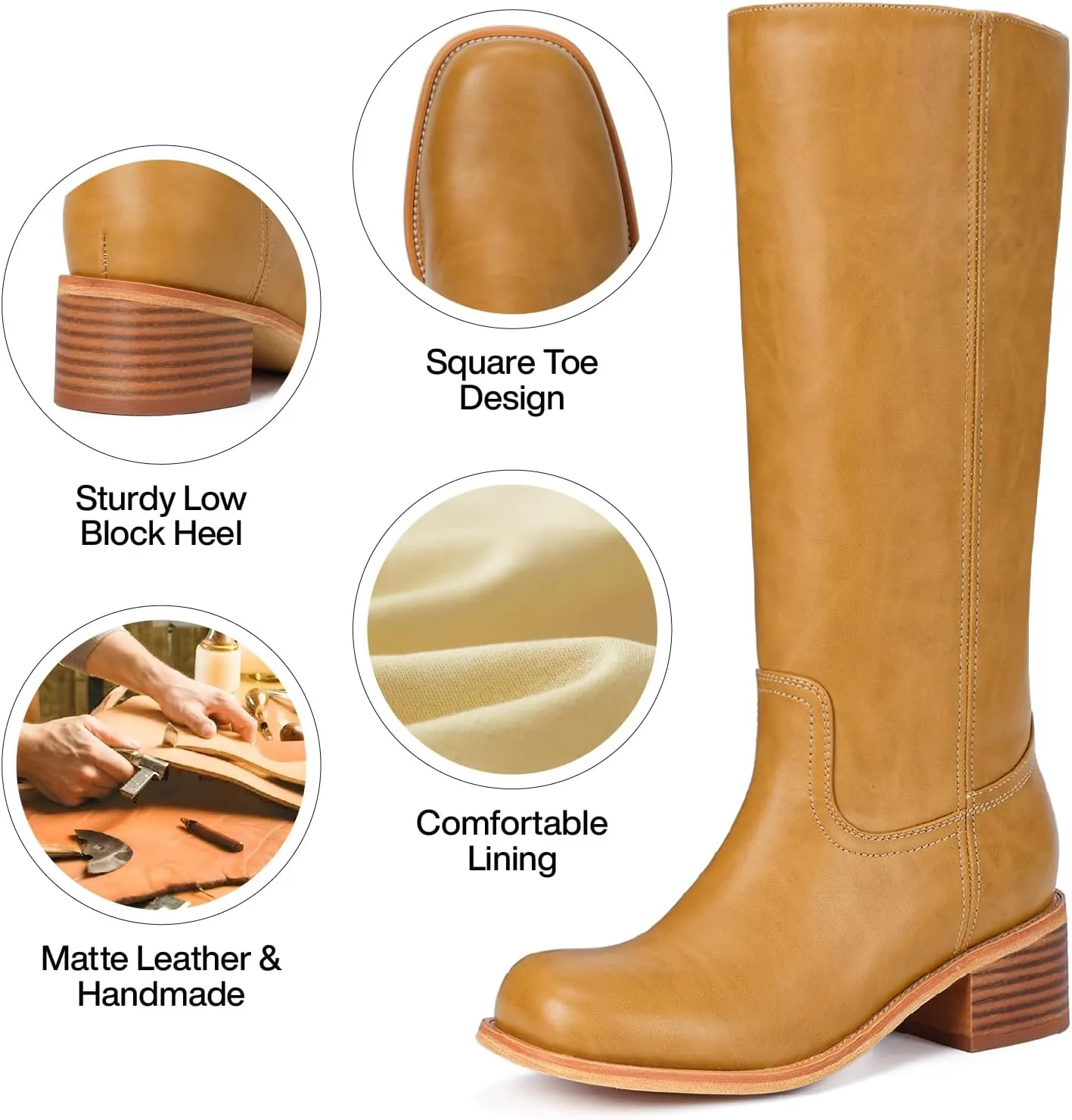 Mid Calf Boots for Women - Banana Square Toe Chunky Block Heel Calf High Boots, Comfortable Low Heel Pull On Spring Fall, Fashion Style for Dating, Dressy Everyday Chic