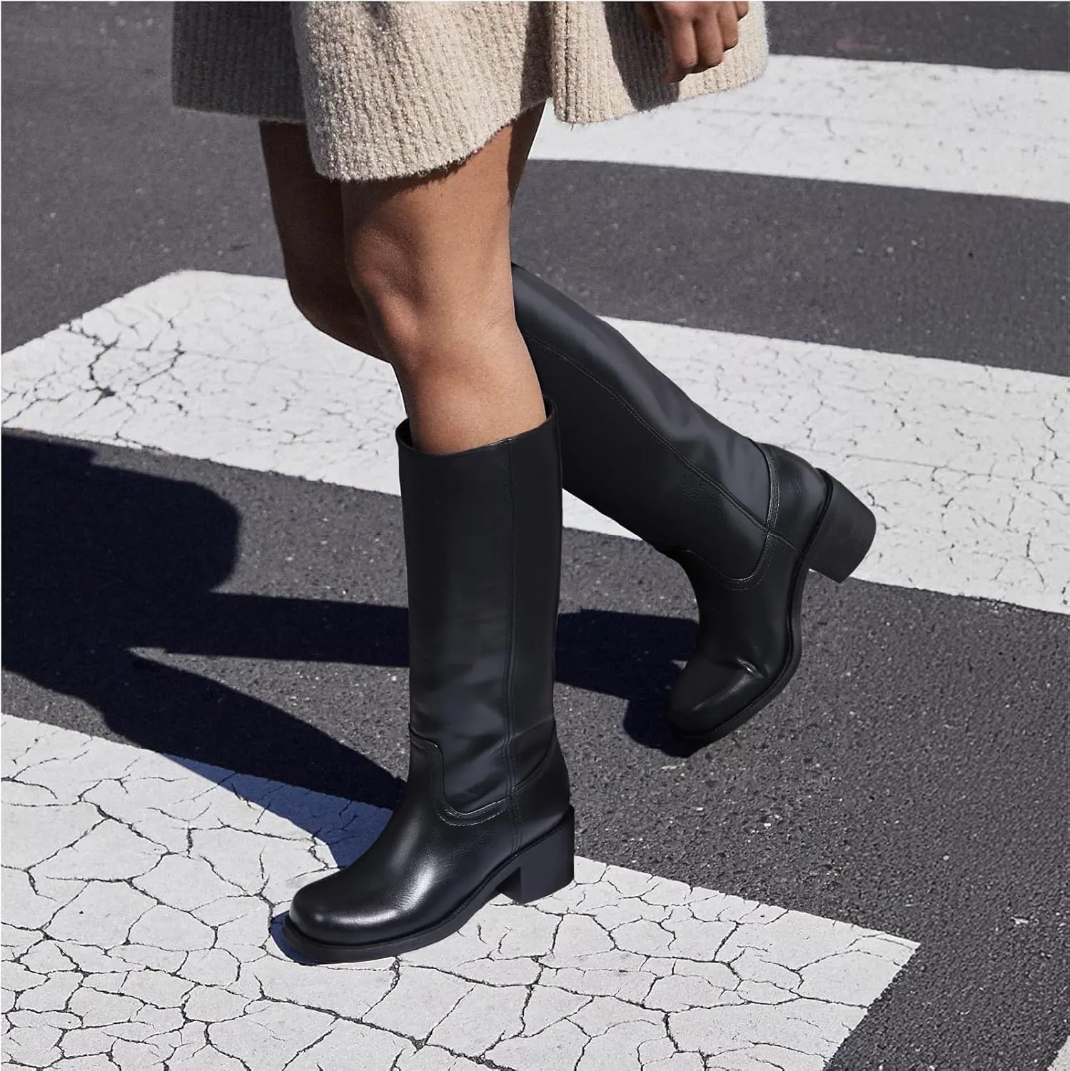 Mid Calf Boots for Women - Banana Square Toe Chunky Block Heel Calf High Boots, Comfortable Low Heel Pull On Spring Fall, Fashion Style for Dating, Dressy Everyday Chic
