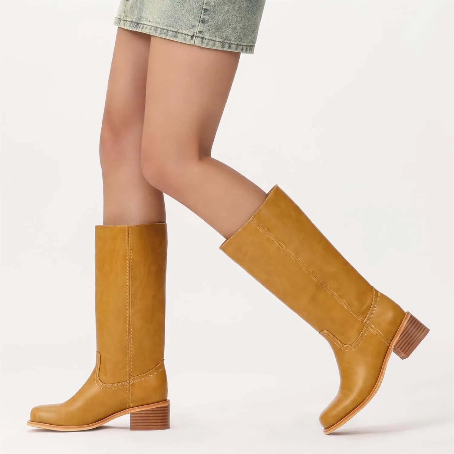Mid Calf Boots for Women - Banana Square Toe Chunky Block Heel Calf High Boots, Comfortable Low Heel Pull On Spring Fall, Fashion Style for Dating, Dressy Everyday Chic
