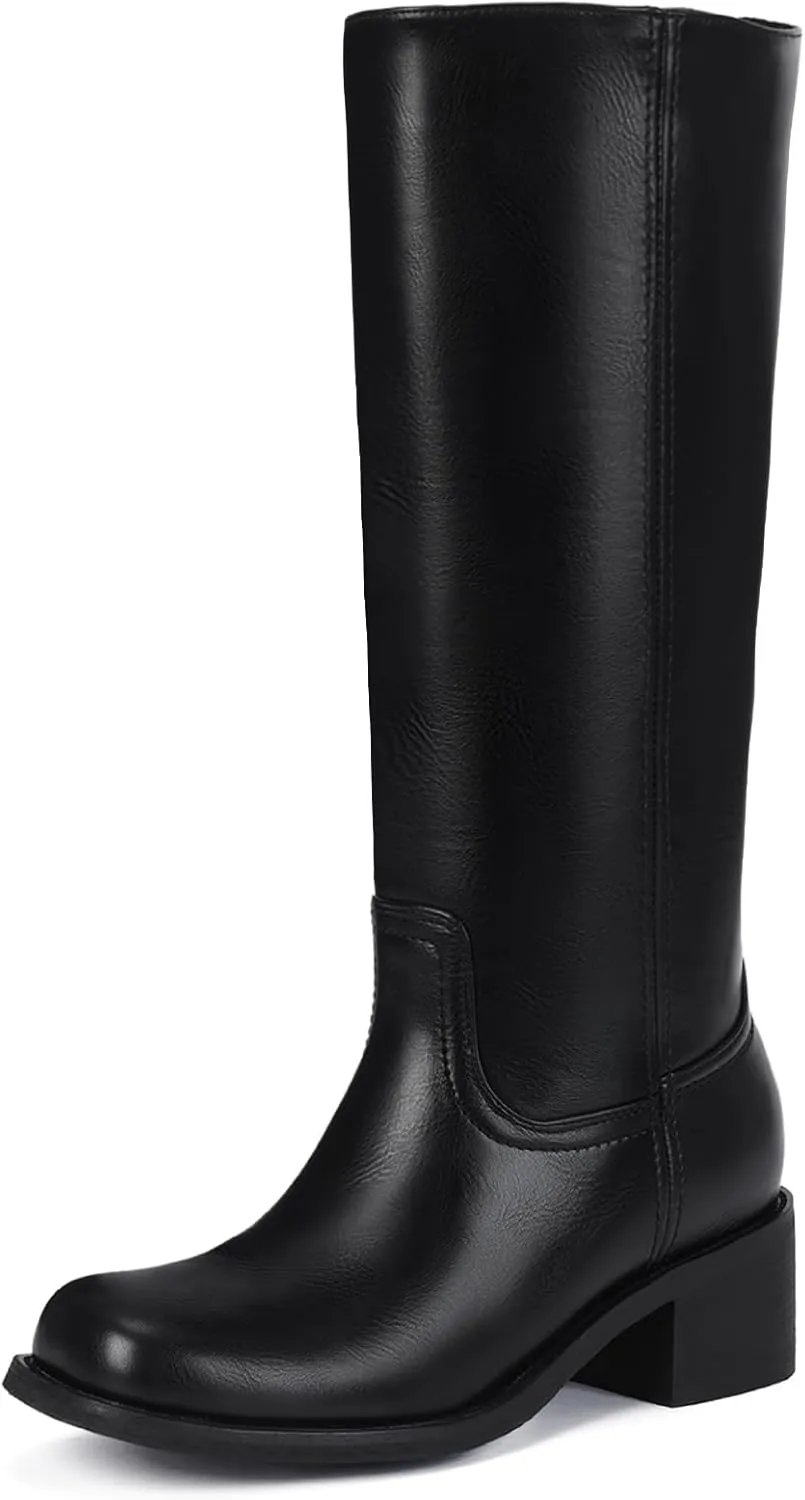 Mid Calf Boots for Women - Banana Square Toe Chunky Block Heel Calf High Boots, Comfortable Low Heel Pull On Spring Fall, Fashion Style for Dating, Dressy Everyday Chic