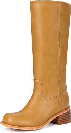Mid Calf Boots for Women - Banana Square Toe Chunky Block Heel Calf High Boots, Comfortable Low Heel Pull On Spring Fall, Fashion Style for Dating, Dressy Everyday Chic