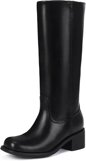 Mid Calf Boots for Women - Banana Square Toe Chunky Block Heel Calf High Boots, Comfortable Low Heel Pull On Spring Fall, Fashion Style for Dating, Dressy Everyday Chic
