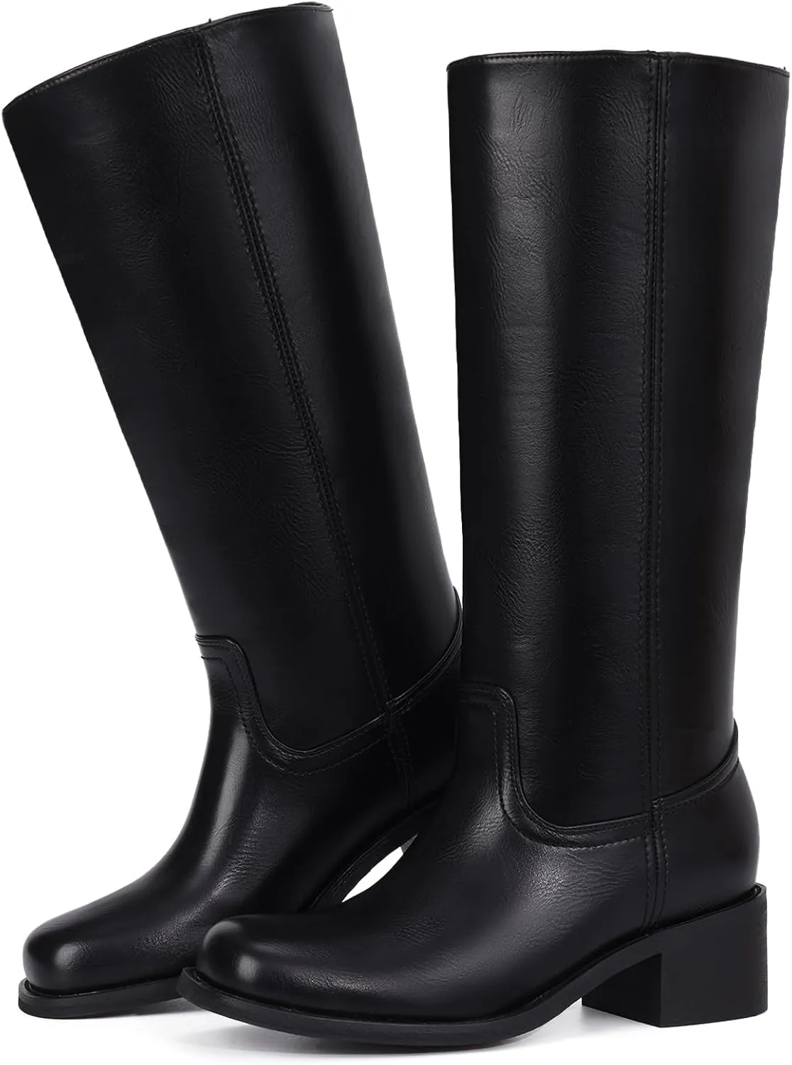 Mid Calf Boots for Women - Banana Square Toe Chunky Block Heel Calf High Boots, Comfortable Low Heel Pull On Spring Fall, Fashion Style for Dating, Dressy Everyday Chic