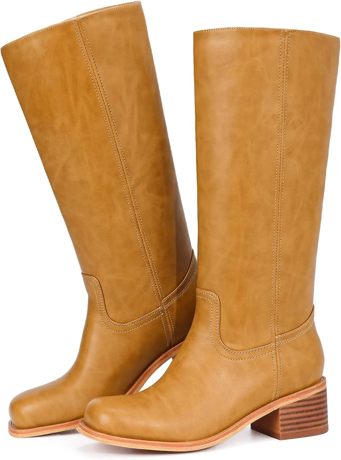 Mid Calf Boots for Women - Banana Square Toe Chunky Block Heel Calf High Boots, Comfortable Low Heel Pull On Spring Fall, Fashion Style for Dating, Dressy Everyday Chic