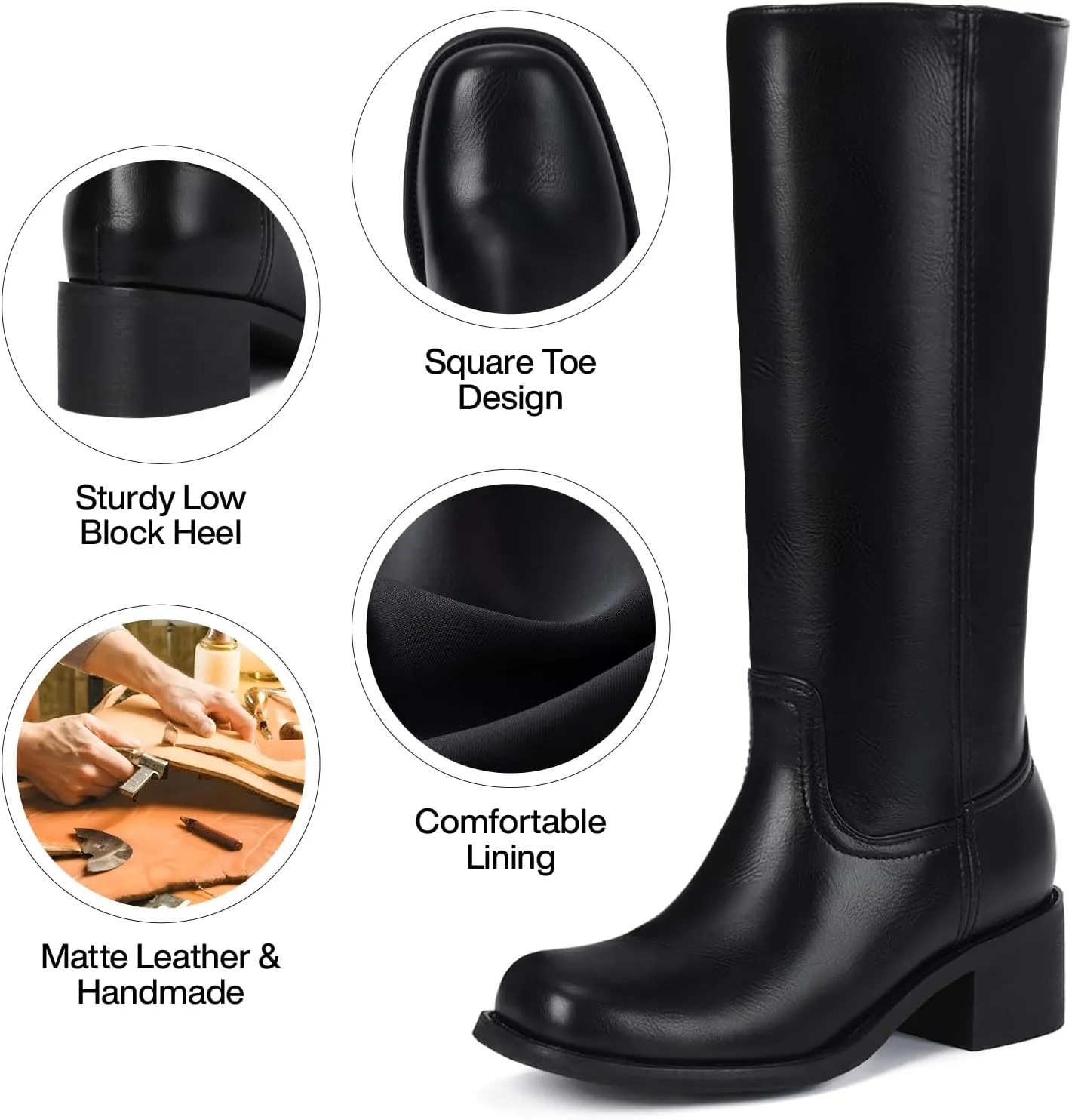 Mid Calf Boots for Women - Banana Square Toe Chunky Block Heel Calf High Boots, Comfortable Low Heel Pull On Spring Fall, Fashion Style for Dating, Dressy Everyday Chic