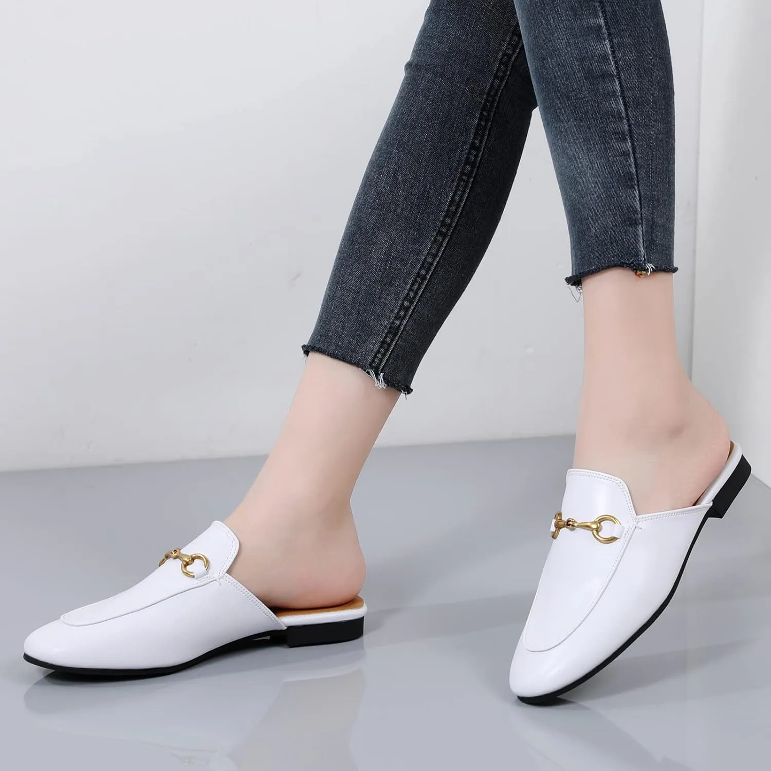 Minorsu Buckle Mules for Women Flats Round Toe Mule Backless Slides Slip On Loafer Shoes