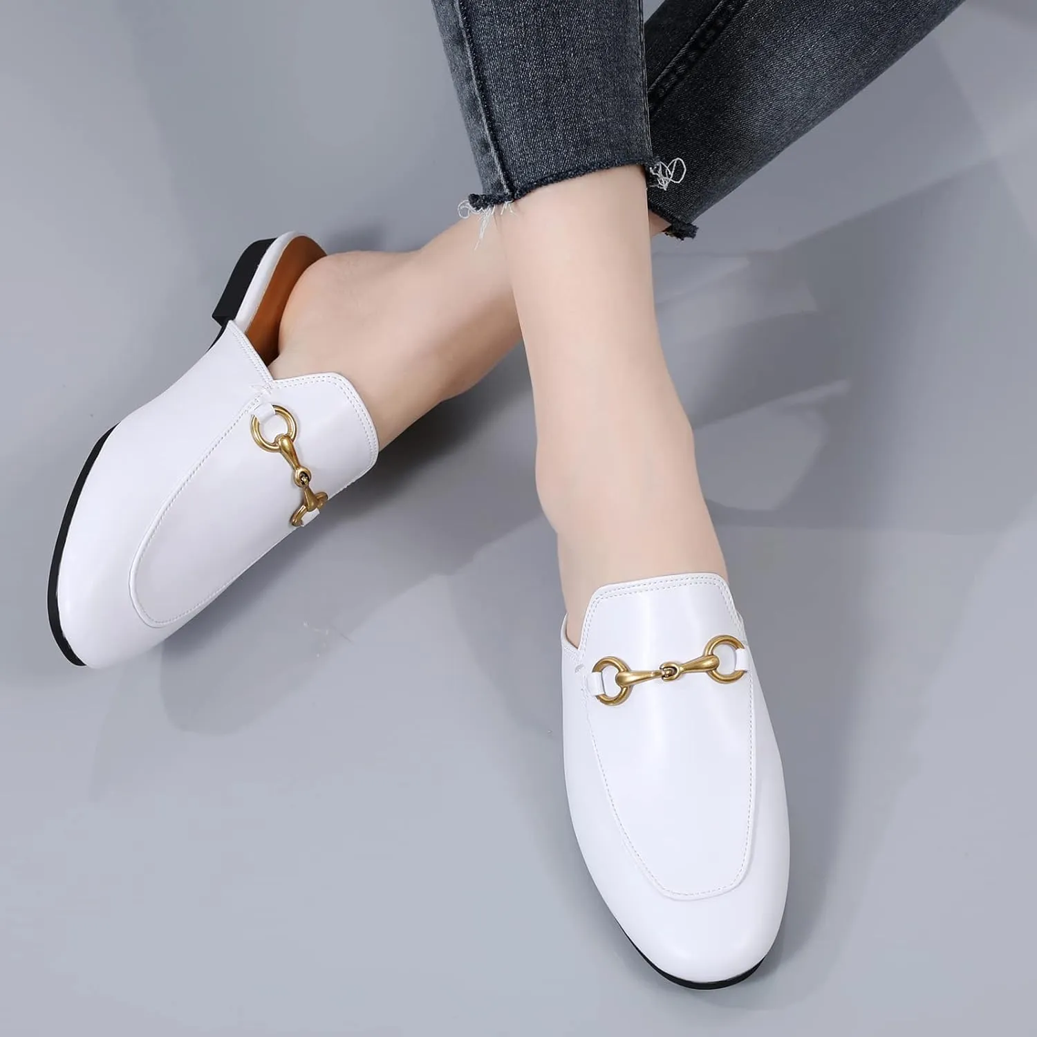 Minorsu Buckle Mules for Women Flats Round Toe Mule Backless Slides Slip On Loafer Shoes