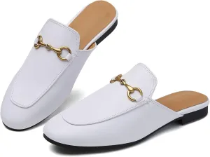 Minorsu Buckle Mules for Women Flats Round Toe Mule Backless Slides Slip On Loafer Shoes