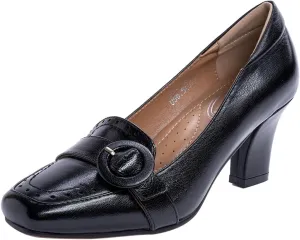 Mona flying Women's Leather 7 cm Chunky Heel Loafers Pumps Square Toe High Heel Office Work Dress Shoes for Ladies