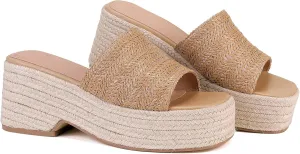 Monrovia Platform Sandals for Women, Wedge Espadrille Slides with Raffia Straw, Comfortable Brown Summer Sandals for Beach, Walking, Camping, Vacation