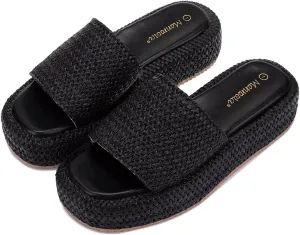 Monrovia Platform Sandals for Women, Wedge Espadrille Slides with Raffia Straw, Comfortable Brown Summer Sandals for Beach, Walking, Camping, Vacation