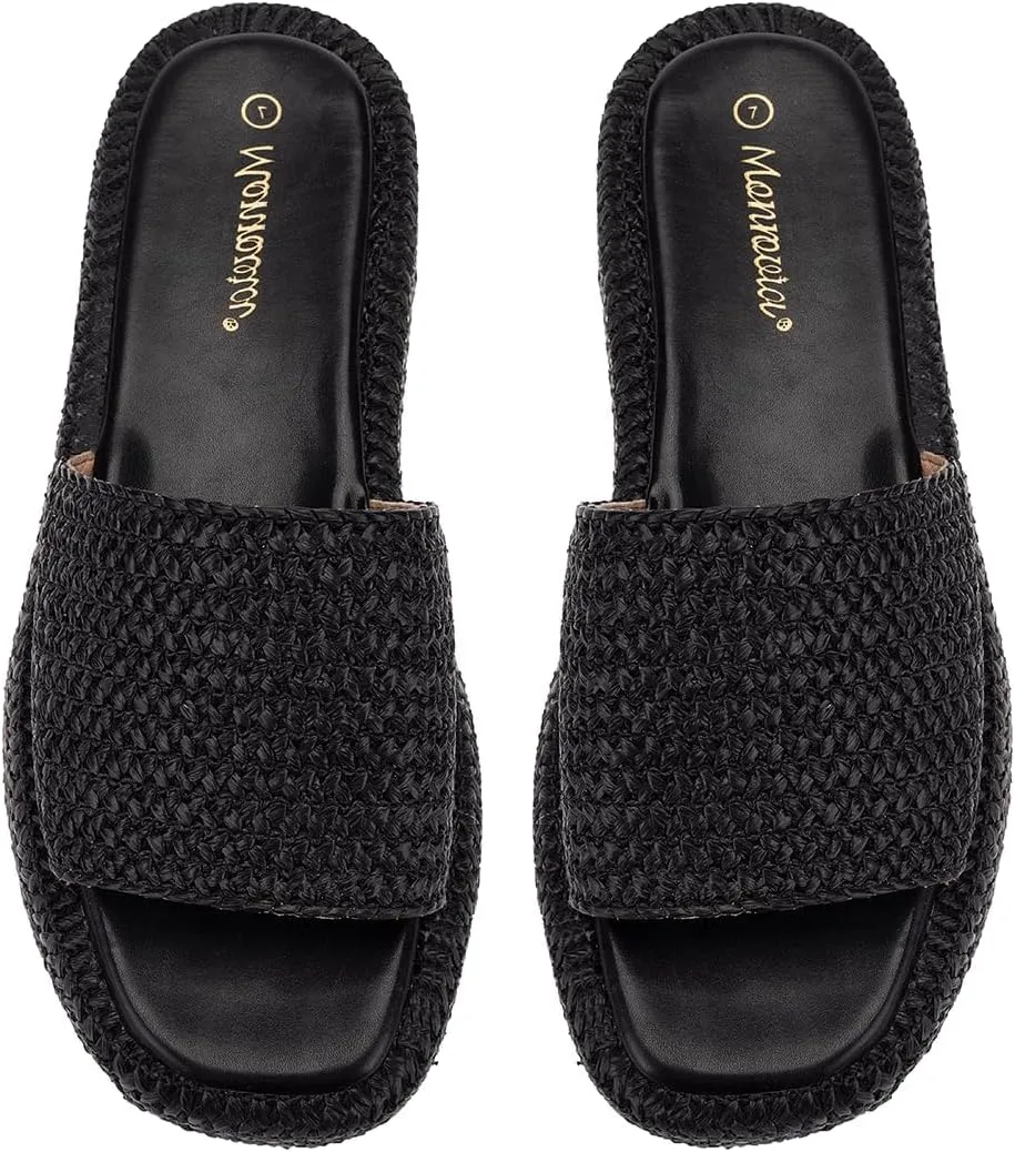 Monrovia Platform Sandals for Women, Wedge Espadrille Slides with Raffia Straw, Comfortable Brown Summer Sandals for Beach, Walking, Camping, Vacation