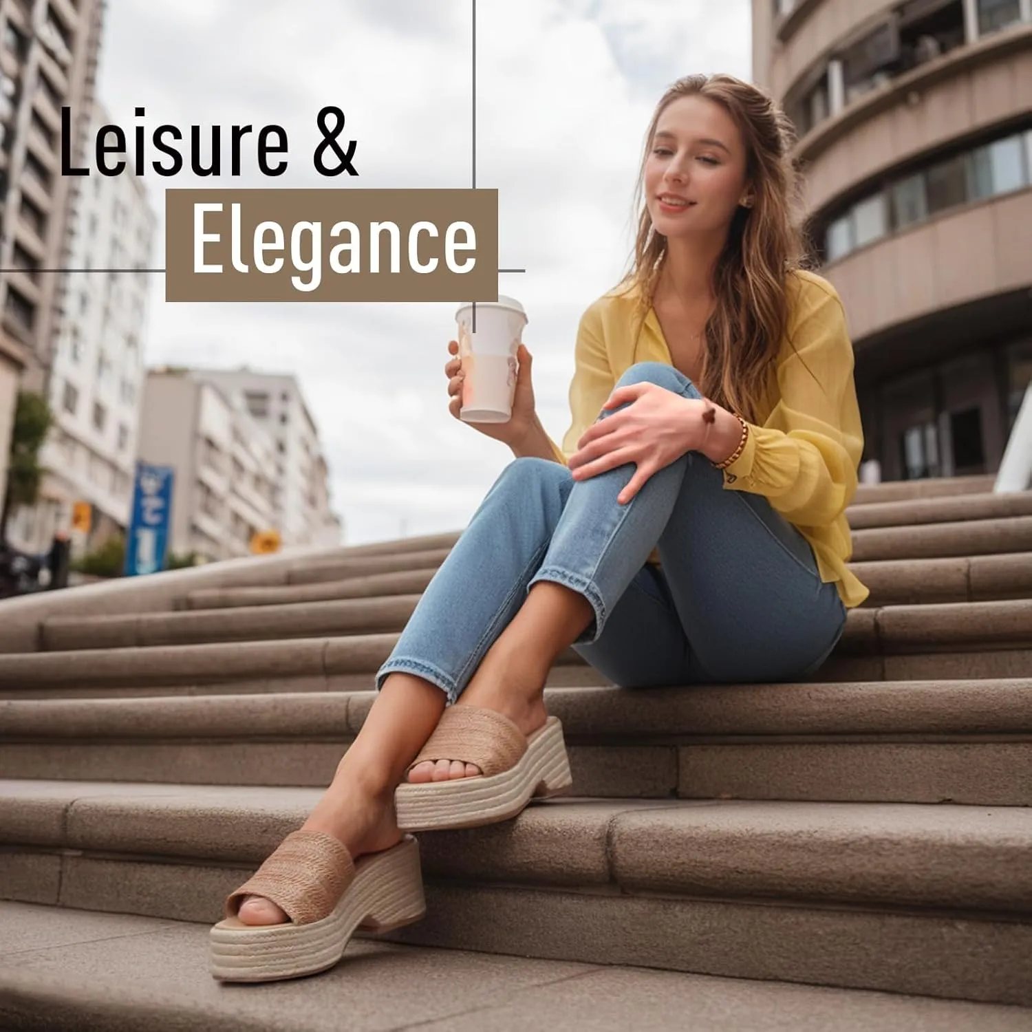 Monrovia Platform Sandals for Women, Wedge Espadrille Slides with Raffia Straw, Comfortable Brown Summer Sandals for Beach, Walking, Camping, Vacation