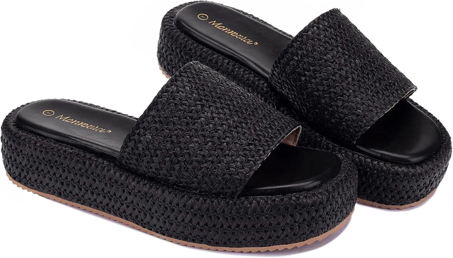Monrovia Platform Sandals for Women, Wedge Espadrille Slides with Raffia Straw, Comfortable Brown Summer Sandals for Beach, Walking, Camping, Vacation