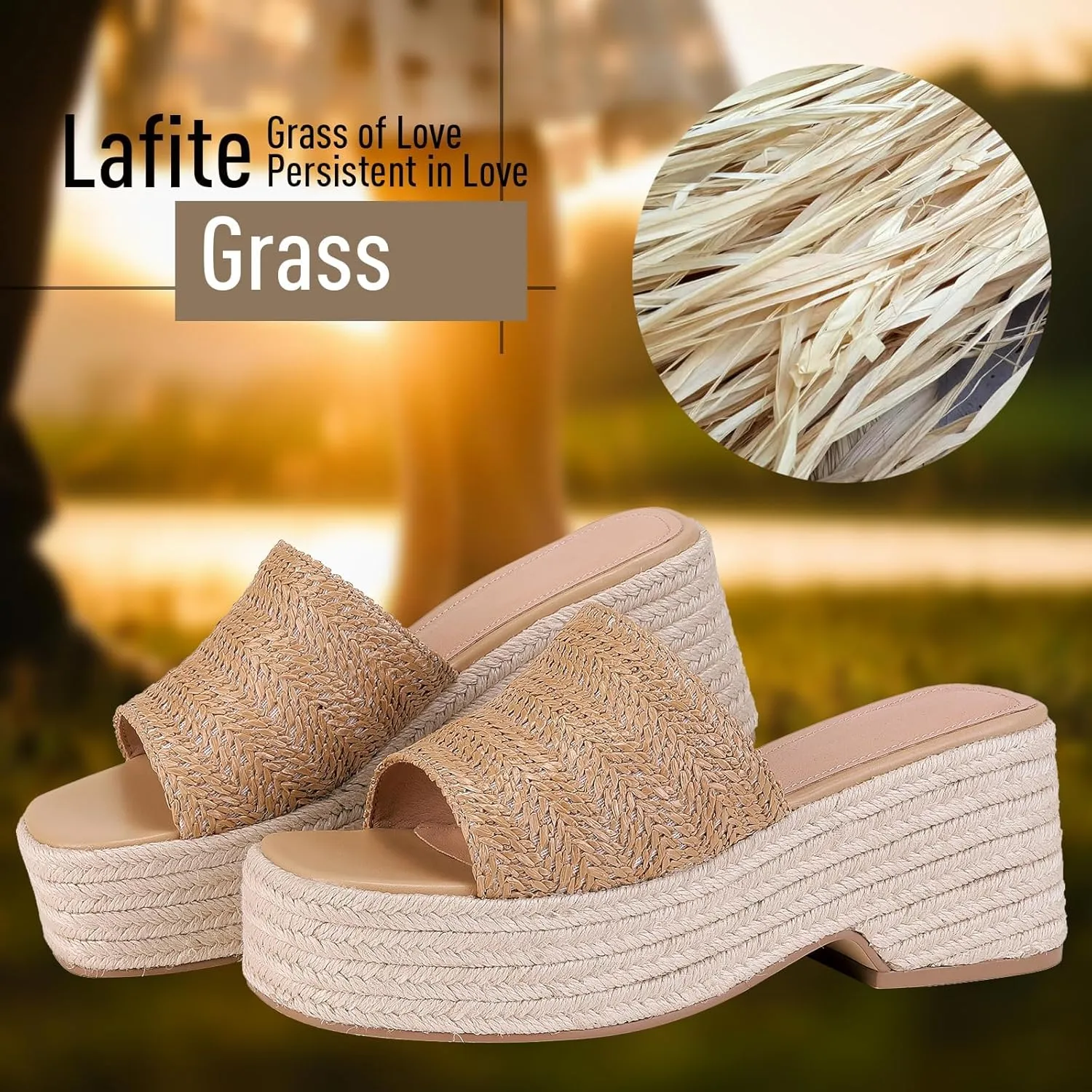 Monrovia Platform Sandals for Women, Wedge Espadrille Slides with Raffia Straw, Comfortable Brown Summer Sandals for Beach, Walking, Camping, Vacation