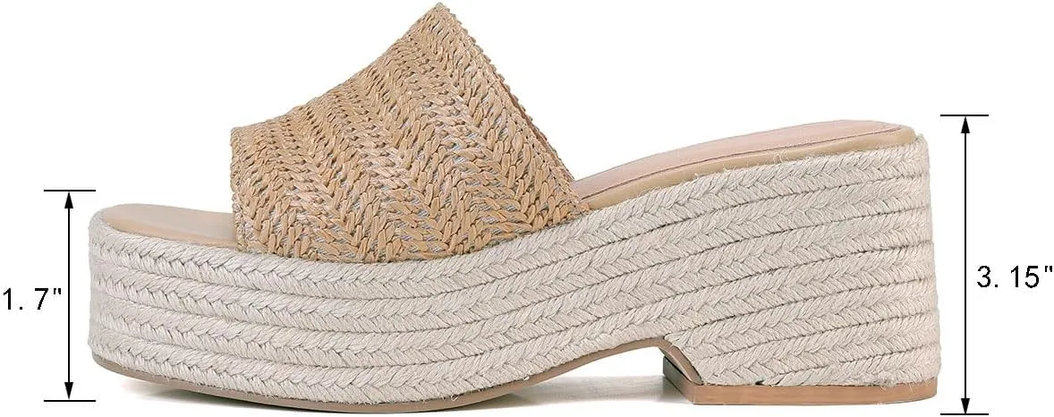Monrovia Platform Sandals for Women, Wedge Espadrille Slides with Raffia Straw, Comfortable Brown Summer Sandals for Beach, Walking, Camping, Vacation