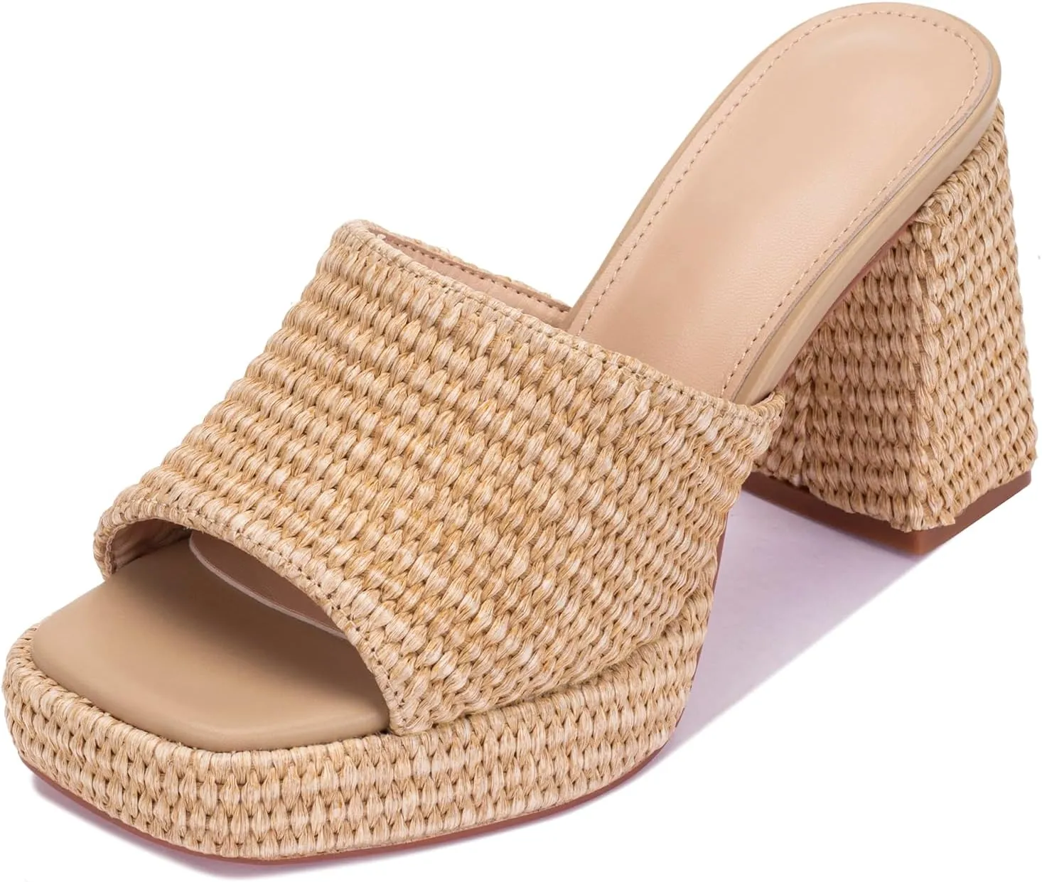 Monrovia Womens Sandals Heels for Women Slide On Block Chunky Platform High Heels Open Toe Raffia Wedge Sandals