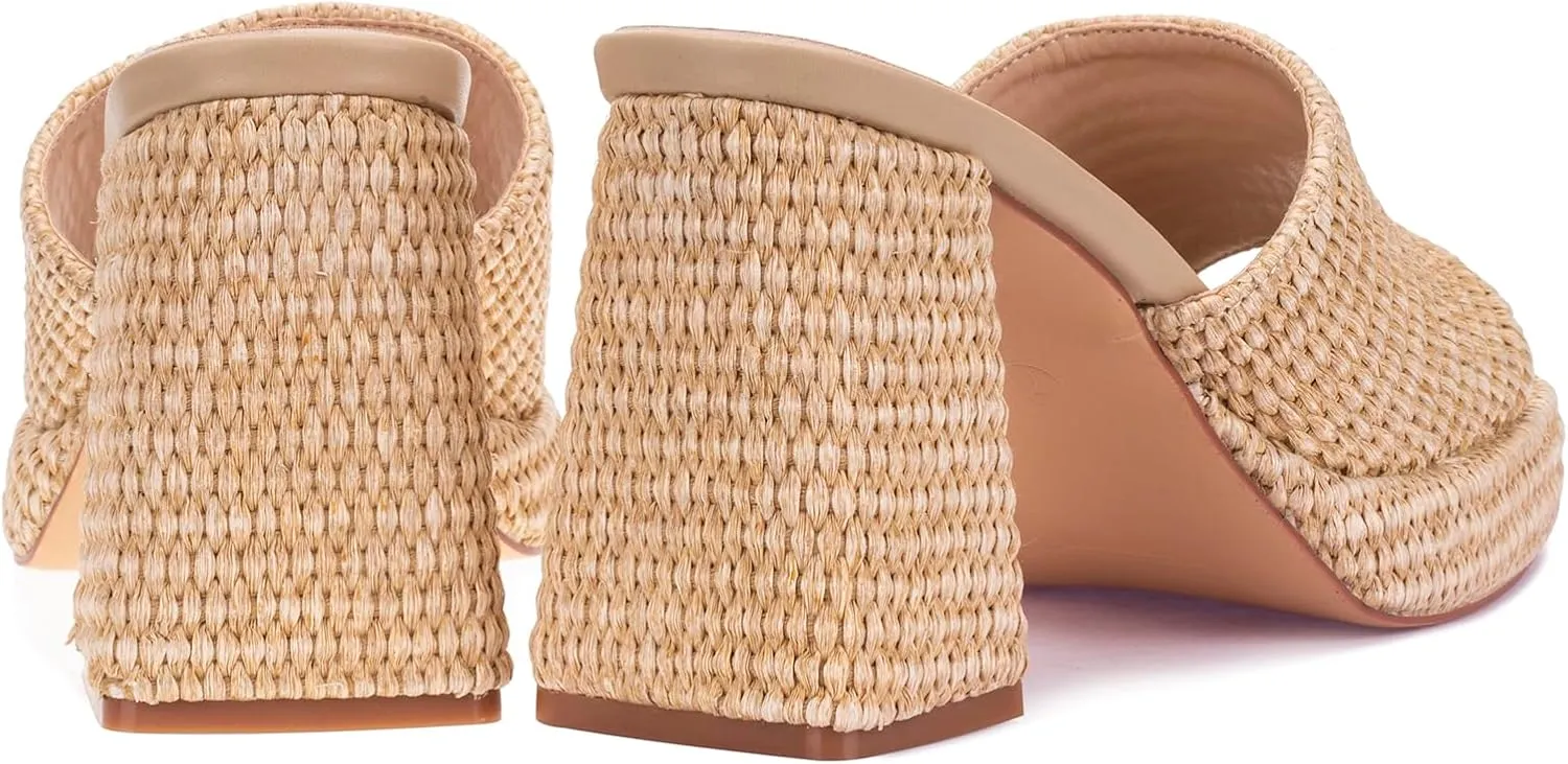 Monrovia Womens Sandals Heels for Women Slide On Block Chunky Platform High Heels Open Toe Raffia Wedge Sandals