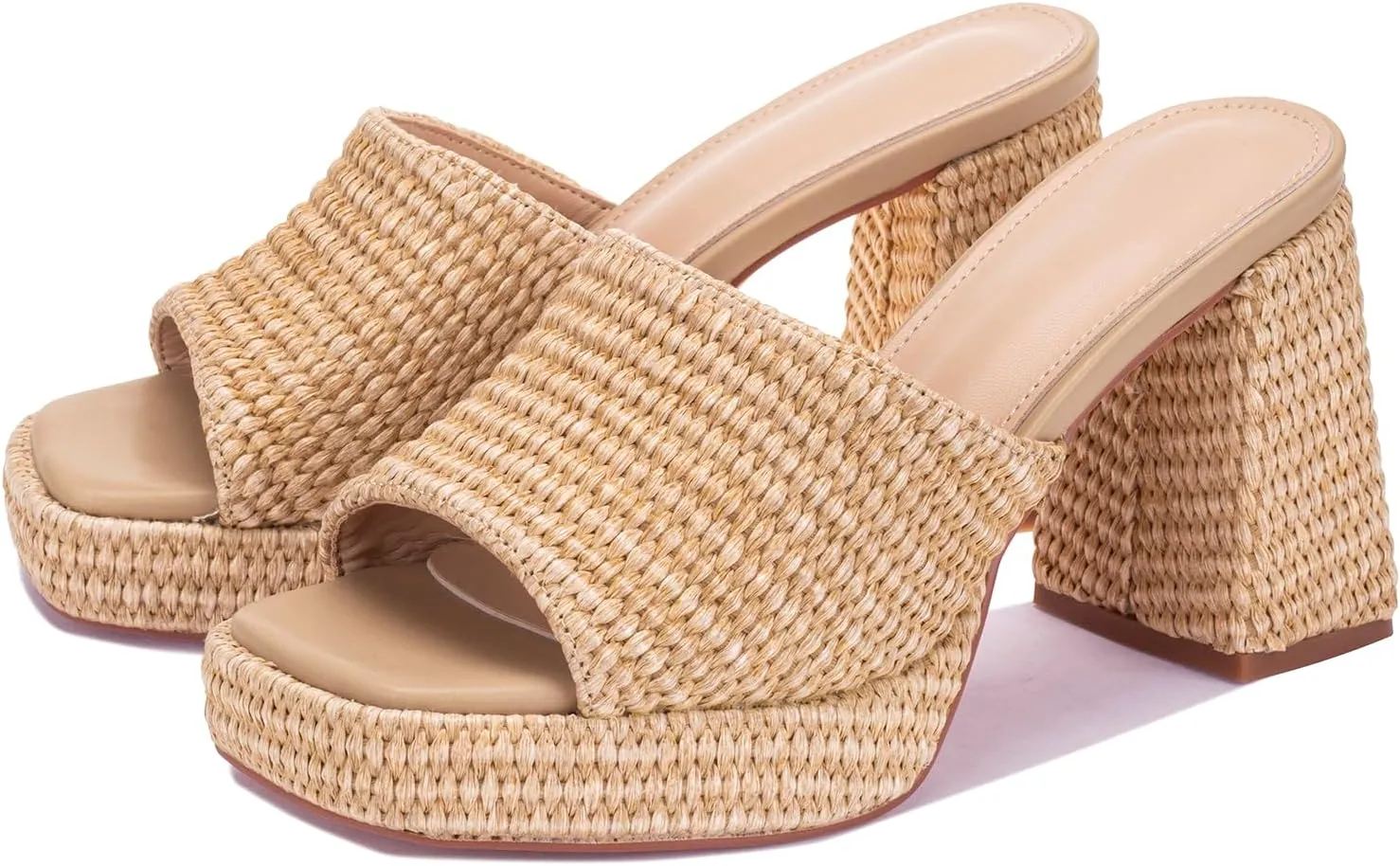 Monrovia Womens Sandals Heels for Women Slide On Block Chunky Platform High Heels Open Toe Raffia Wedge Sandals
