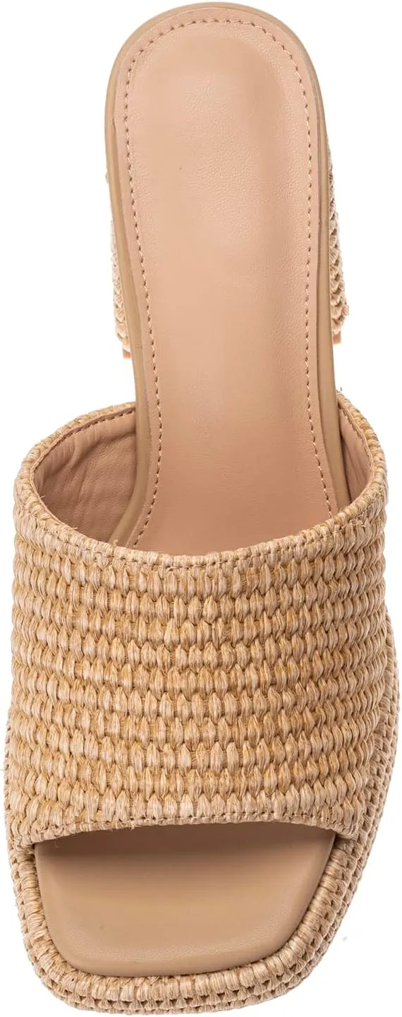 Monrovia Womens Sandals Heels for Women Slide On Block Chunky Platform High Heels Open Toe Raffia Wedge Sandals
