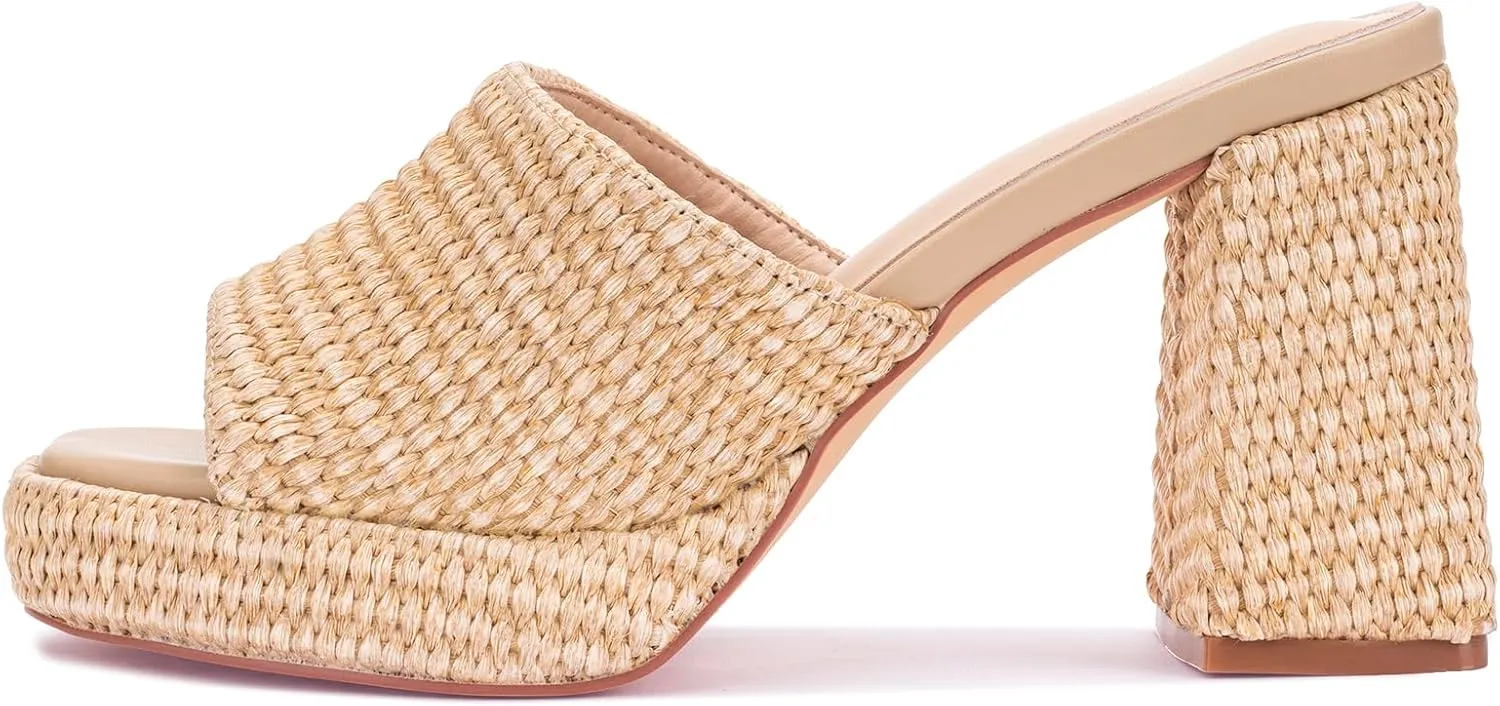 Monrovia Womens Sandals Heels for Women Slide On Block Chunky Platform High Heels Open Toe Raffia Wedge Sandals