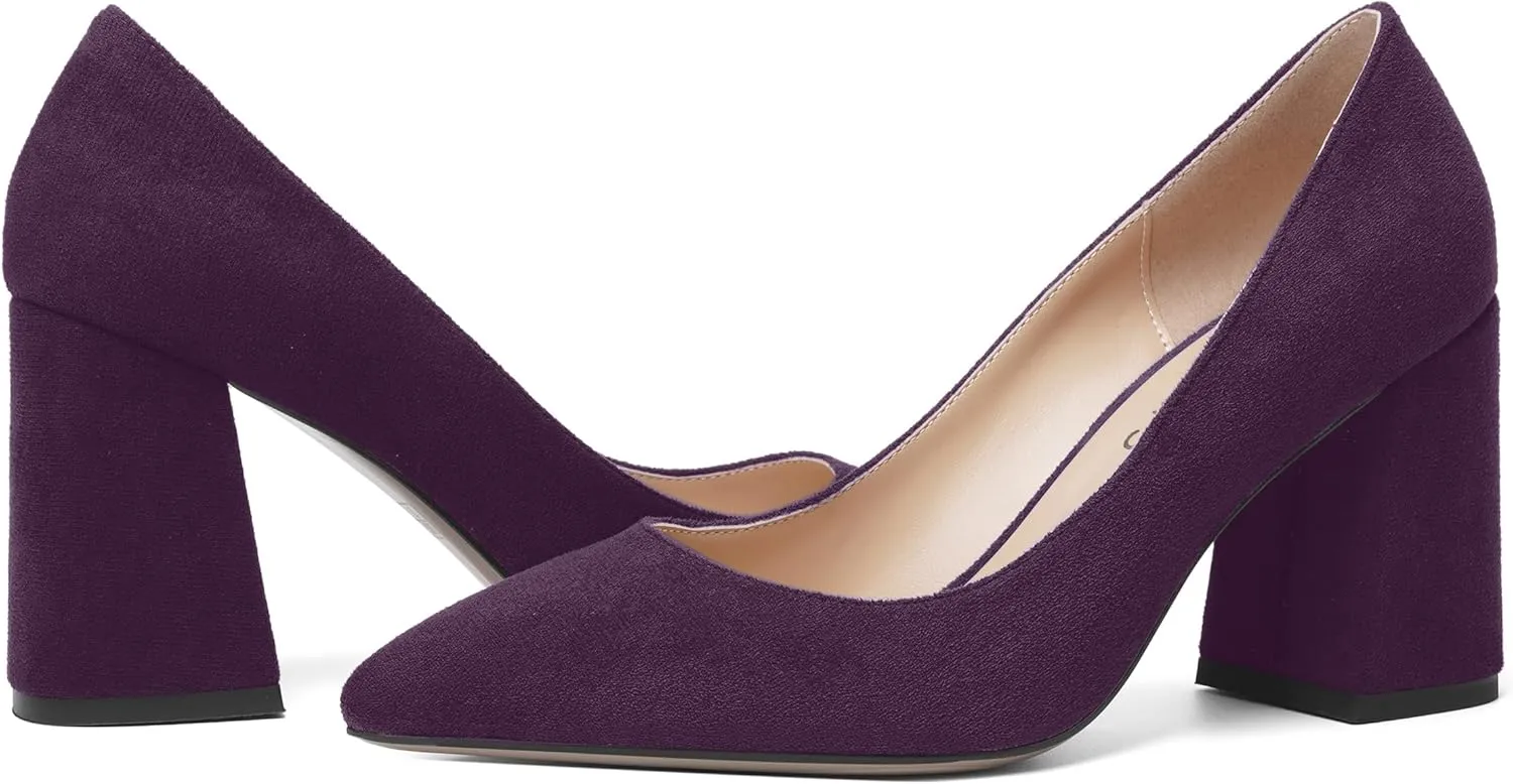 MOVINSTEPS Womens Dating Slip On Dress Pointed Toe Suede Block High Heel Pumps Shoes 3.3 Inch