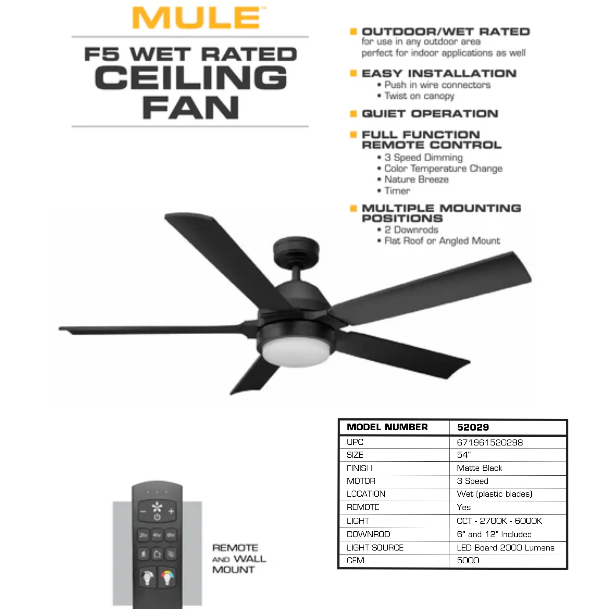 MULE F5 54” Wet-Rated Ceiling Fan