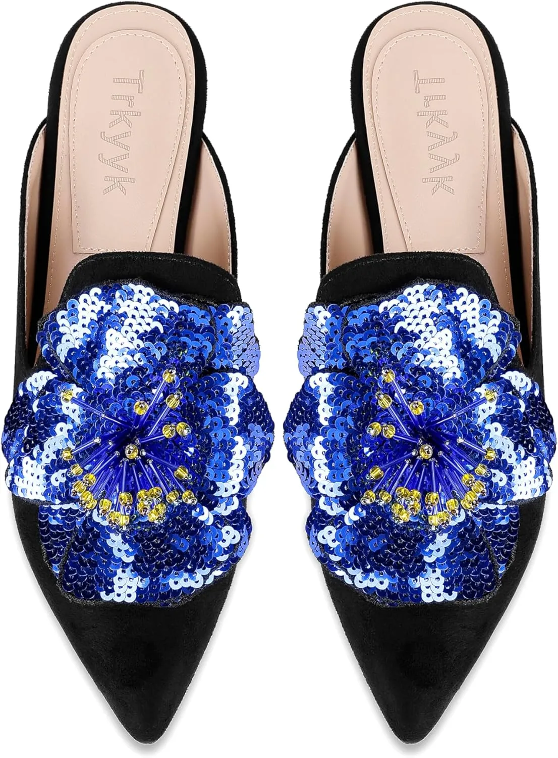 Mules for Women Pointed Toe Comfortable Flats Backless Loafers with Sequin Flower