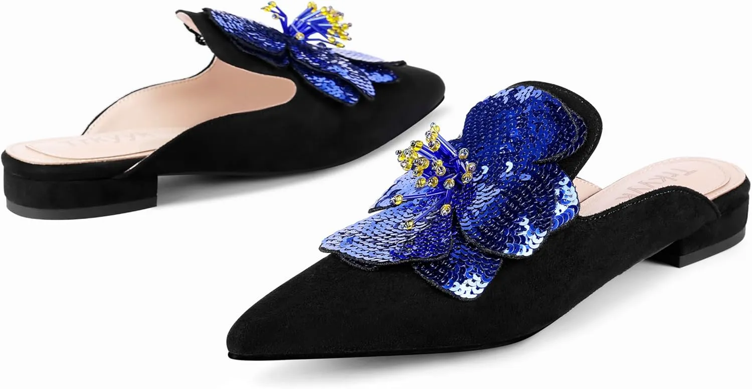 Mules for Women Pointed Toe Comfortable Flats Backless Loafers with Sequin Flower