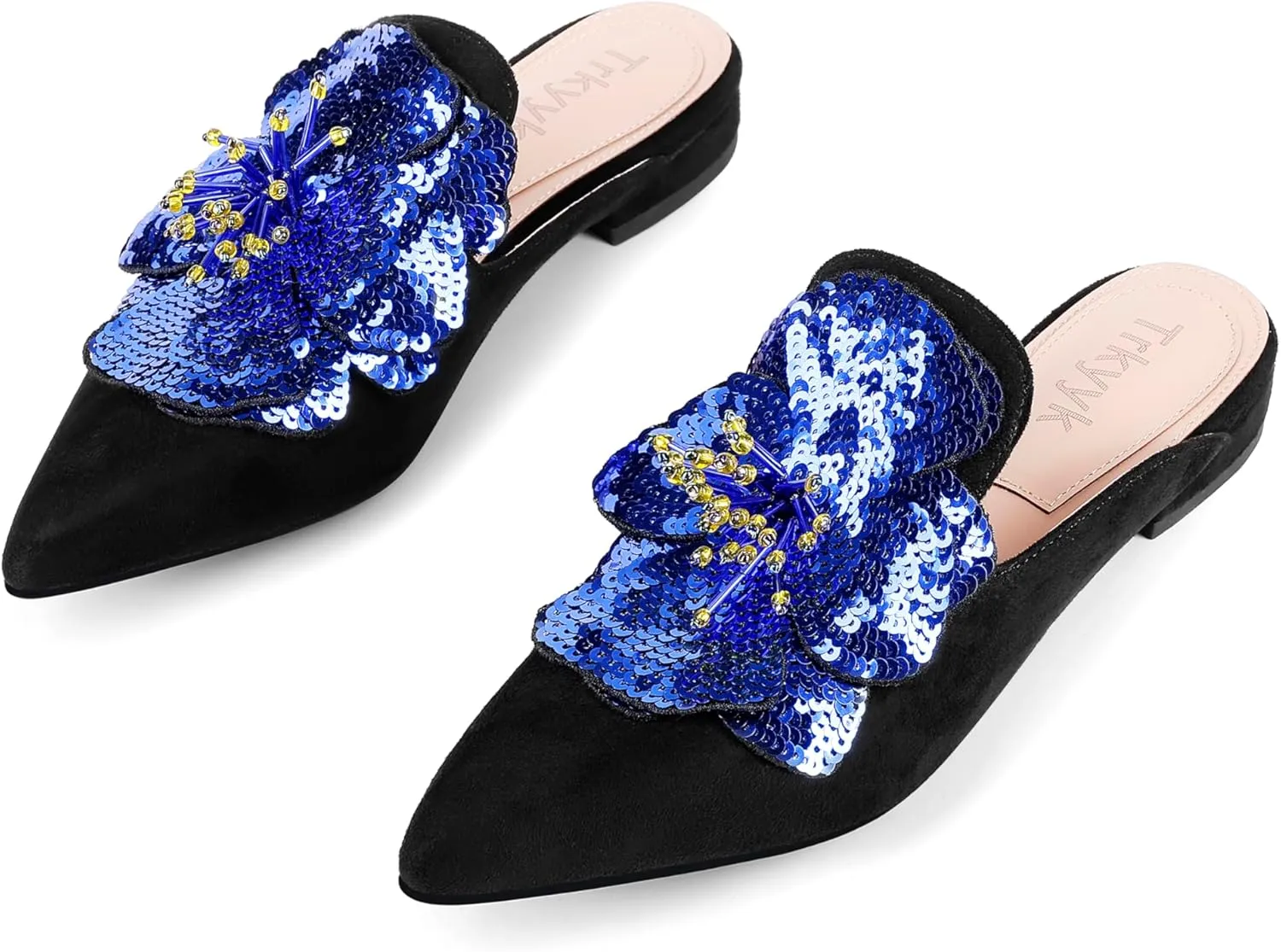 Mules for Women Pointed Toe Comfortable Flats Backless Loafers with Sequin Flower