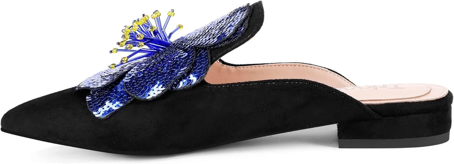 Mules for Women Pointed Toe Comfortable Flats Backless Loafers with Sequin Flower