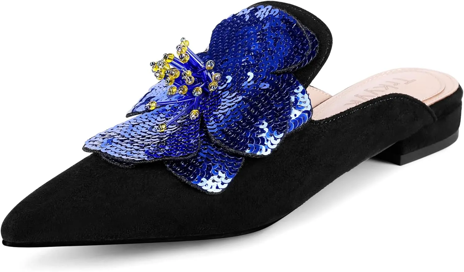 Mules for Women Pointed Toe Comfortable Flats Backless Loafers with Sequin Flower