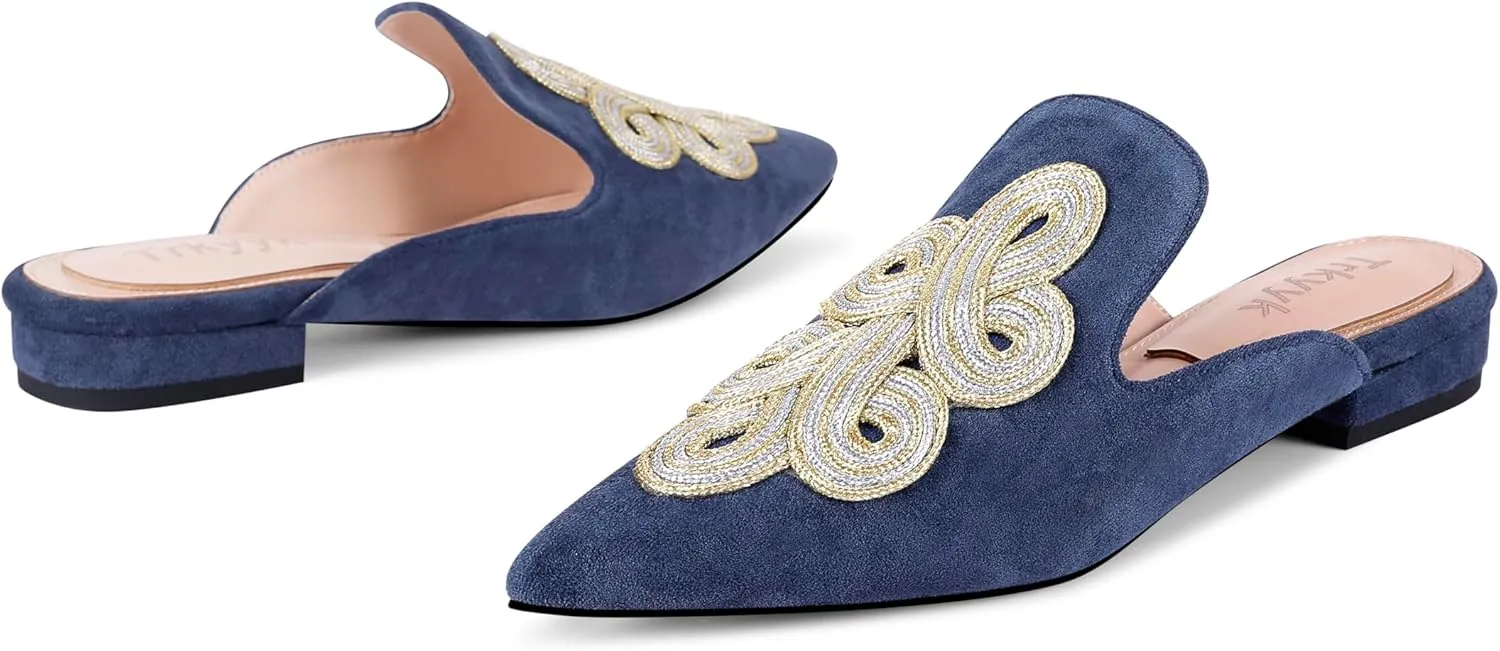 Mules for Women Pointed Toe Comfortable Flats Handmade Knotting Mules Backless Loafers