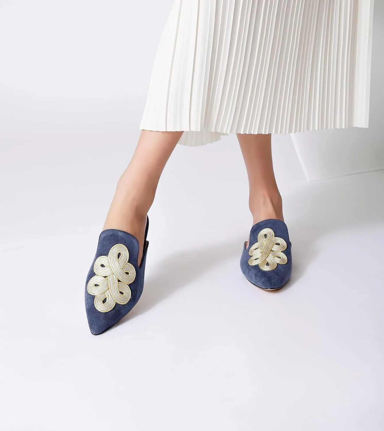 Mules for Women Pointed Toe Comfortable Flats Handmade Knotting Mules Backless Loafers