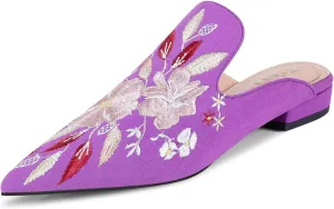 Mules for Women Pointed Toe Embroidered Shoes Comfortable Flats Backless Loafers