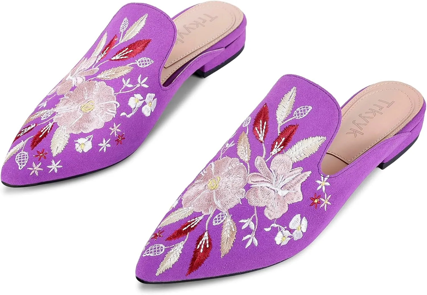 Mules for Women Pointed Toe Embroidered Shoes Comfortable Flats Backless Loafers